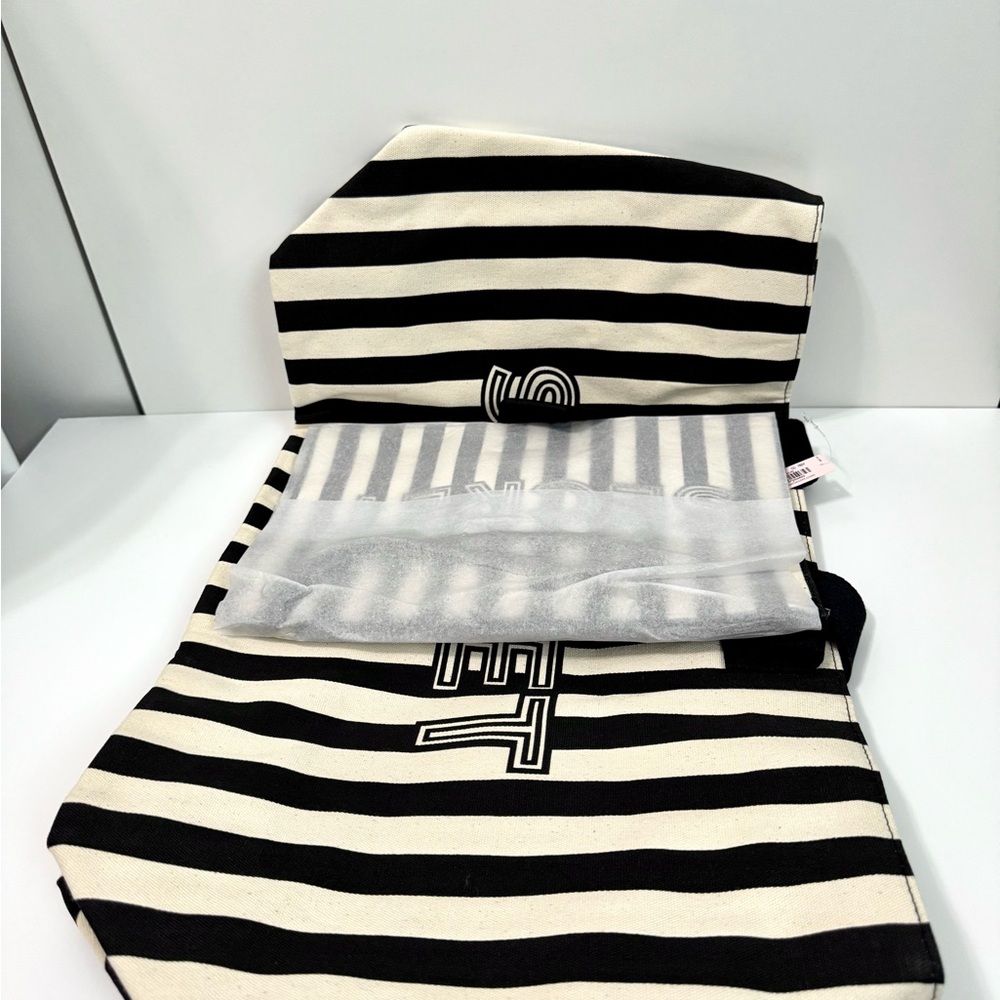 Victoria's Secret Logo Canvas Tote Bag & Wristlet - Black & White Stripes - Picture 6 of 8
